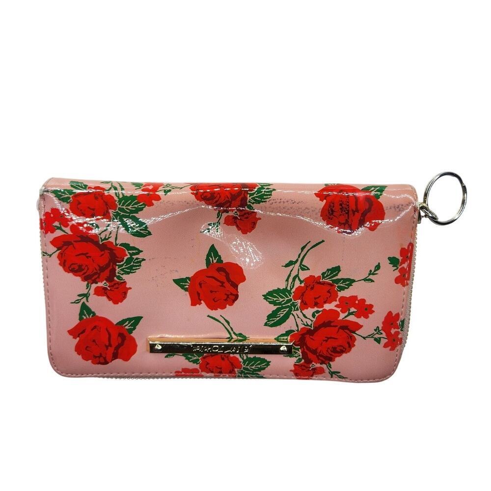 Betsey Johnson Clutch Purse Wallet Rose Print Pink Patent Leather Faux